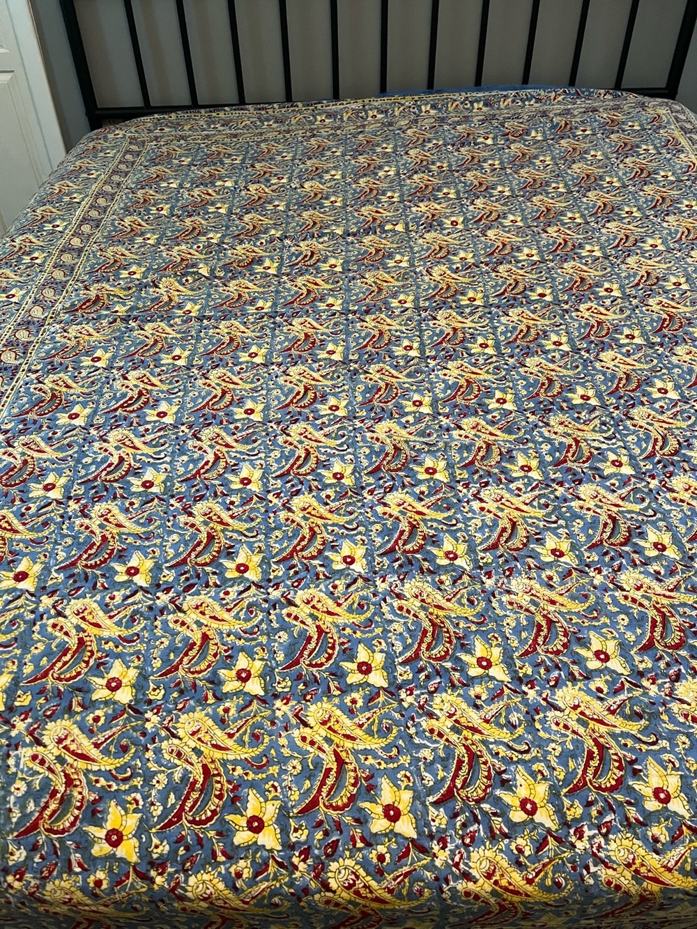 Blue Floral Paisley Cotton kalamkari block printed Bedspread 103” x 84”